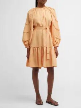 Kobi Halpern Meadow Lace-Trim Blouson-Sleeve Midi Dress Size L